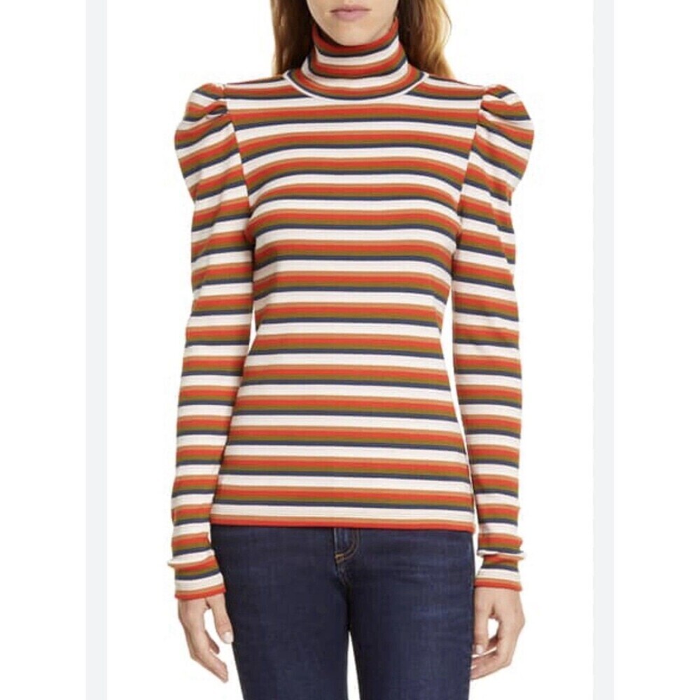 Veronica Beard Small Cedar Stripe Puff Sleeve Turtleneck Pima Cotton Top Stretch